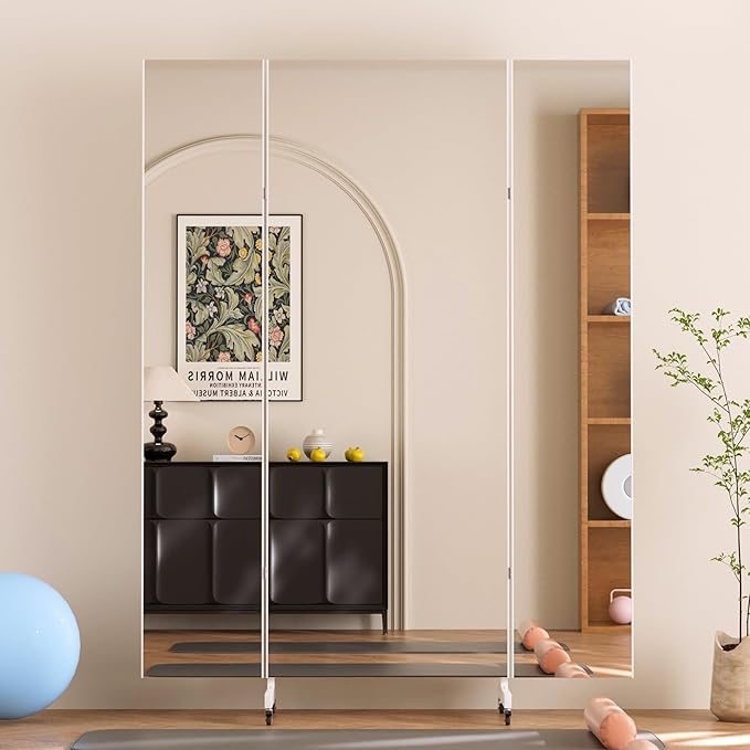 brisafe Full Length Mirror with 360° Wheels, 55"x71" Foldable Floor Mirror with Nano-Tech Shatterproof Film - Ultra-Large Mobile Mirror for Home Gym, Dance Studio & Commercial Spaces (White)