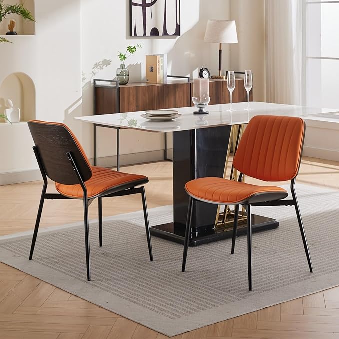 Dining Chairs Set of 8, Mid Century Modern Accent Dining Room and Kitchen Chairs, Upholstered PU Leather Vertical Stripe Chairs for Vanity with Walnut Bentwood and Metal Legs, Orange