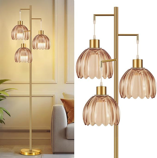 COTTHOS Floor Lamp for Living Room, Modern Standing Lamp Brass Glass Green Tree 3 Light Tall Floor Lamps for Bedroom & 800 Lumens LED Bulbs, Vintage Flower Lamp Shade Farmhouse Boho Bohemian Gold