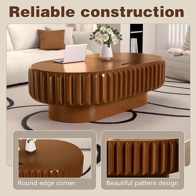 43.3" Oval Drum Coffee Table with Storage Modern Unique Fluted Tea Table Contemporary Wood Oval Coffee Table Centr Table for Living Room Apartment (Brown oval-43.3in)
