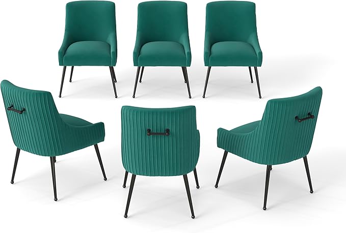 Velvet Dining Chairs Set of 6,Dark Green Upholstered Living Room Chairs with Black Metal Legs, Modern Tufted Accent Chairs for Living Room, Study Room, Kitchen