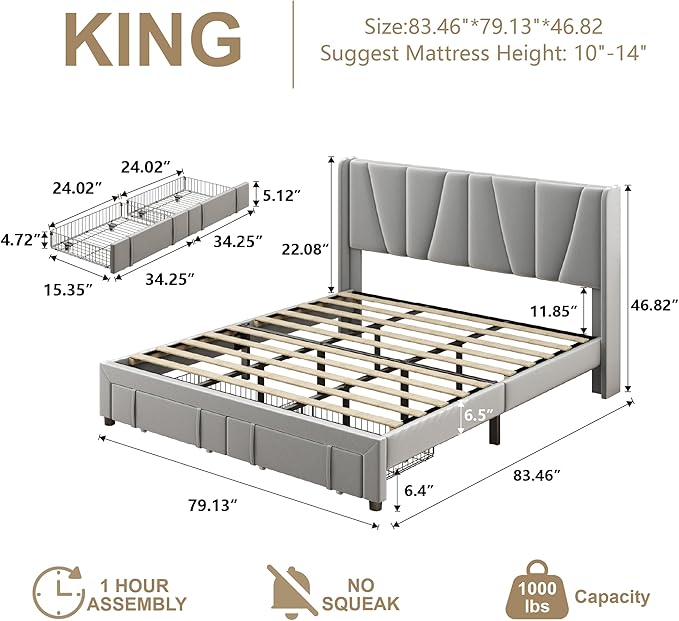 King Bed Frame with Storage Drawers, Upholstered King Size Platform Bed with 47" Tall Headboard and Wingboard, No Box Spring Needed, NO Noise, Easy Assembly, Wooden Support Slats,Light Grey
