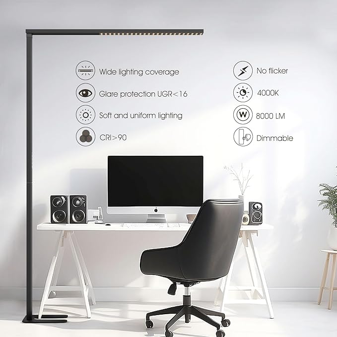 77"LED Floor Lamp,80W Black Modern Free-Standing Lamp,8000LM Dimmable High brightness office Lamp for Reading Study Room，Living Room，Bedroom Room,Piano Room,Meeting Room 4000K Natural Daylight
