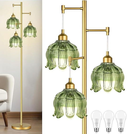 Vintage Floor Lamps for Living Room Bedroom-3 Light Gold Floor Lamp with Glass Lampshape, Flower Green Tall Lamp Mid Century Modern Standing Lamp Tree Floor Lamp for Bedroom Living Room Corner