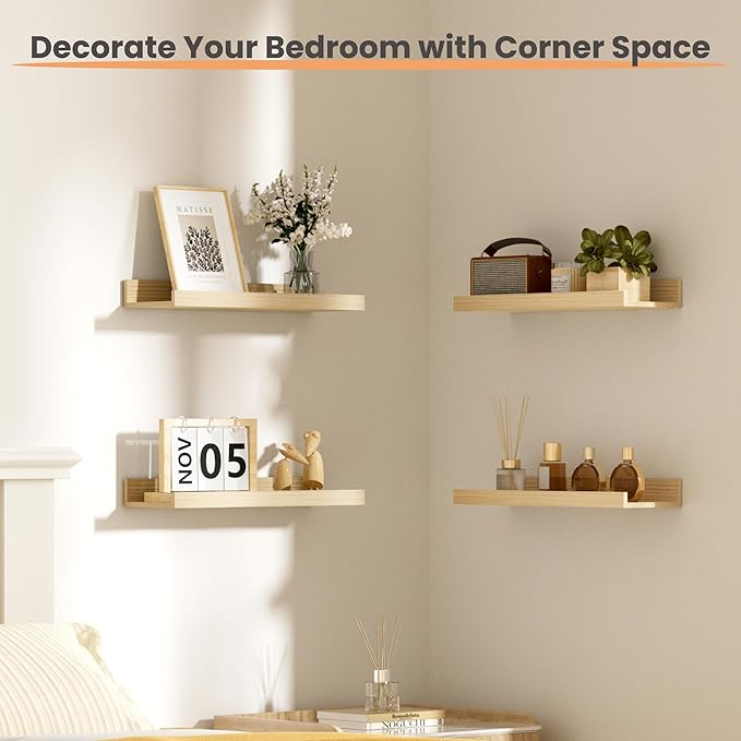 upsimples Floating Shelves for Wall, Wall Shelves for Decor Storage Set of 6, Wall Mounted Wood Shelf for Bedroom, Living Room, Bathroom, Kitchen, Picture Ledge Shelves, Natural