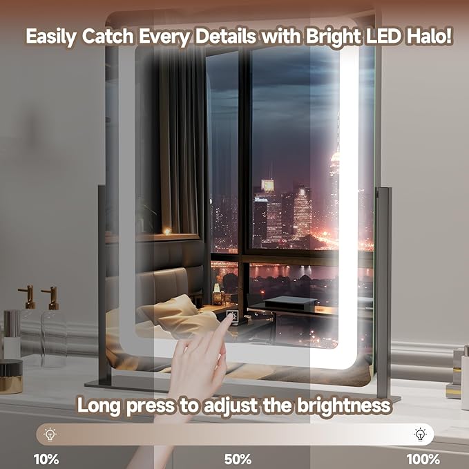 PRIMETEK Vanity Mirror with Lights, 19"x22" Large Makeup Mirror with Lights, LED Lighted Makeup Mirror, Touch Screen with 3-Color Lighting, Dimmable for Vanity Desk Tabletop, Bedroom, Black