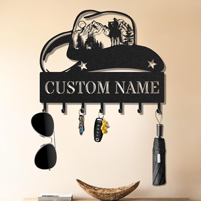 Personalized Key Holder for Wall, Custom Metal Cowboy Key Hooks with Name, Meta Jacket Holder Hooks Organizer Rack, Jacket Hanger Decor for Kitchen, Entryway, Hallway, Office, Doorway