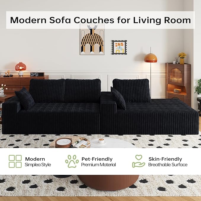 108" Sectional Couches for Living Room, Modular Sectional Sofa with L-Shape Chaise, Boneless Couch, Comfy Corduroy Fluffy Couch with Deep Seat and Side Pockets, No Assembly Required