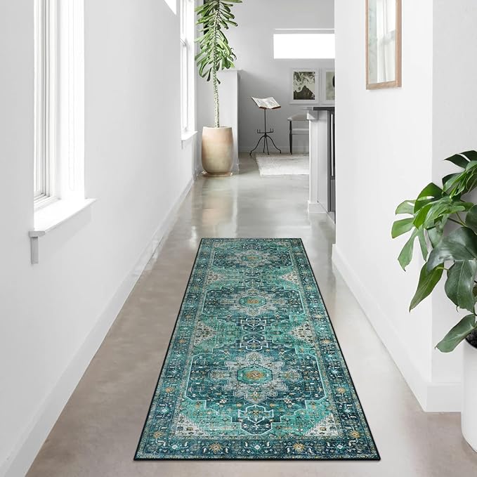 Moynesa Ultra-Thin Washable Runner Rug - 2x7 Teal Hallway Rug Runner Kitchen Carpet Runner, Non Skid Non Shedding Low Pile Bathroom Mat for Apartment Entryway Foyer Vanity RV