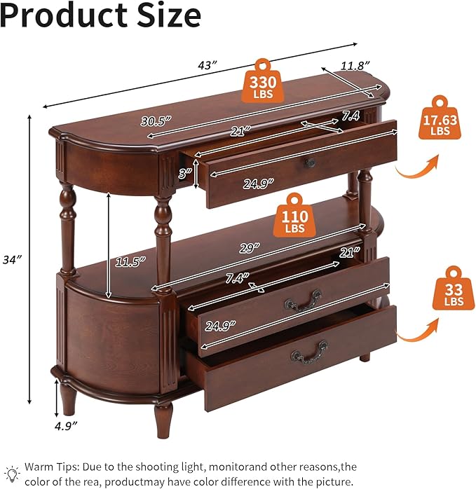 HMFULE Solid Wood Retro Curved Console Table, 43" Half Moon Console Table Sofa Table Entryway Table with 3 Drawers Open Shelf Pine Roman Legs Curved Corners for Living Room,Entryway,Hallway,Cherry