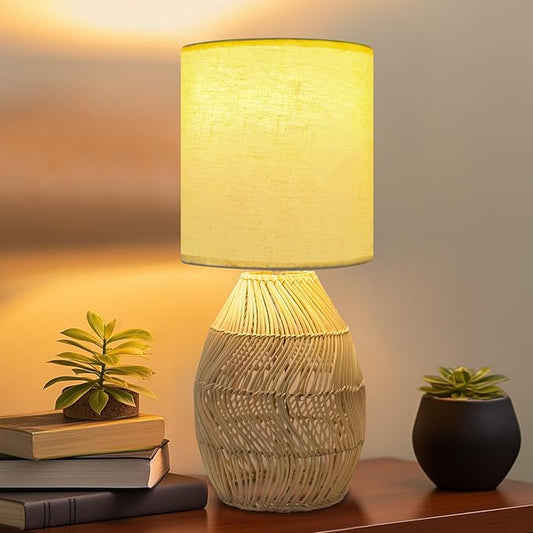 Nightstand Boho Rattan Table Lamp - 3 Color Temperature Handmade Bamboo Woven Lamp for Bedside Living Room (Striped, 1 Pack)