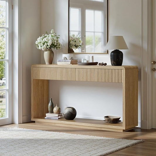 Evermagin 59'' Oak Entryway Table with Drawers, Boho Fluted Console Table, Sofa Table with Storage for Living Room, Entrance, Hallway