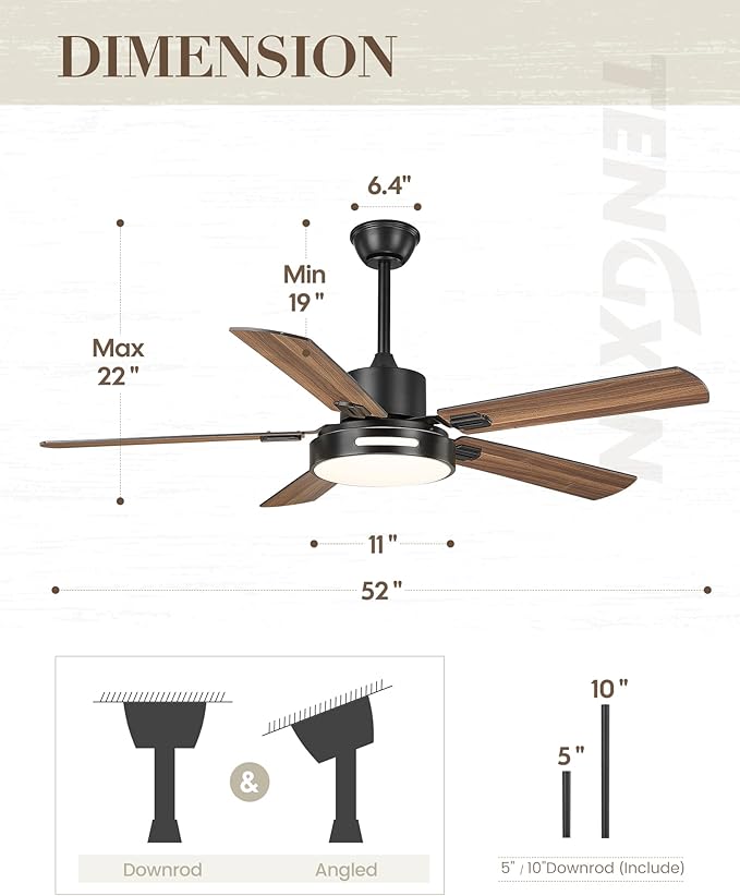 TENGXIN 52 Inch Ceiling Fan With Lights and Remote Control, Farmhouse Fandelier with 5 Reversible Blades,6 Speeds,Ultra Silent,APP Control,TXCF-BK002