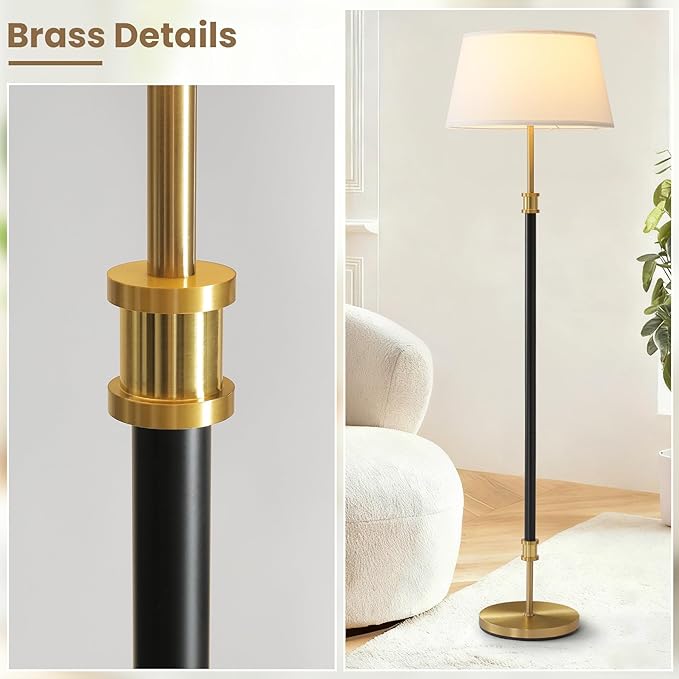 Modern Mid Century Floor Lamp with Soft Linen Shade, 63” Tall Black & Brass Standing Lamp, Weighted Base, Warm Ambient Light for Living Room, Bedroom & Reading Corners (Black & Gold)
