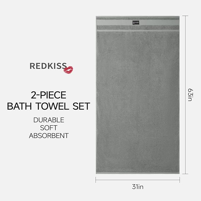 REDKISS Large Bath Towels Set 2 Piece, 100% Cotton, 31x63 in,Heavyweight 760GSM, Highly Absorbent & Quick Dry, Super Soft Luxury Bath Towel for Bathroom,Hotel Collection - Gray
