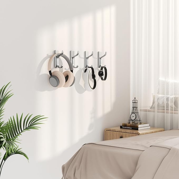 pickpiff Adhesive Wall Coat Hooks - Heavy Duty Stick-On Door Hanger, Metal Hook for Hanging Towel,Purse, Robe, Backpack, Jacket, Clothes - for Bathroom,Dorm, Closet, Kitchen - Silver, 4 Pack