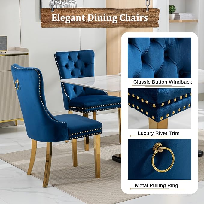 70" Marble Dining Table Set for 6, Modern 7 Piece Dining Room Table Set with White Faux Marble Dining Table & 6 Blue Velvet Upholstered Chairs, Luxury Gold Kitchen Table Chairs Set of 6