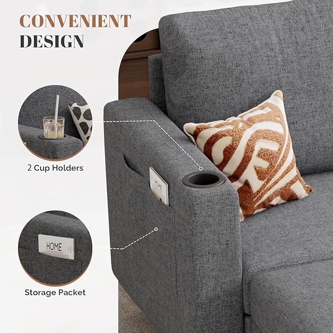 Upholstered Sectional Sofa and Couches, 78'' L Shaped 3-seat Sofa forLiving Room, Apartment, Lounge,Bedroom-Washable Covers Convertible Sofas(Linen Fabric,Dark Gary)