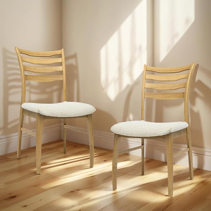 DUOMAY Farmhouse Dining Chairs Set of 2, Fur White Upholstered Side Chairs Solid Wood Ladder Back Kitchen Chairs for Home Dining Room, Light Browm Frame