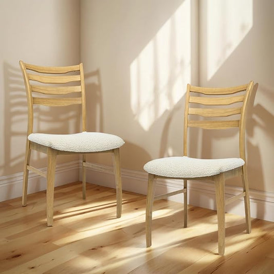 DUOMAY Farmhouse Dining Chairs Set of 2, Fur White Upholstered Side Chairs Solid Wood Ladder Back Kitchen Chairs for Home Dining Room, Light Browm Frame