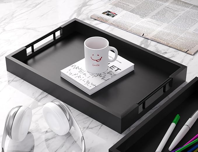 Bamboo Serving Tray with Metal Handles,17x12in Ottoman Decorative Trays Platter for Coffee Table,Living Room,Bar,Party,Large(Black)