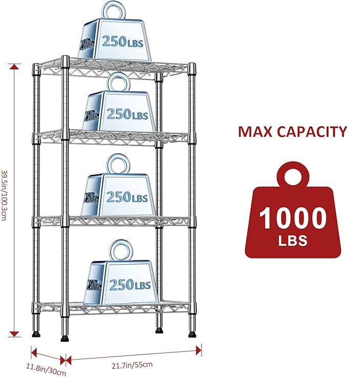 IZEUK 4 Tier Steel Storage Shelves, Heavy Duty Metal Shelf Wire Shelving Rack for Pantry, Kitchen, Living Room, or Office Organization (11.8" D x 21.7" W x 39.5" H, 1000LBS, Chrome)