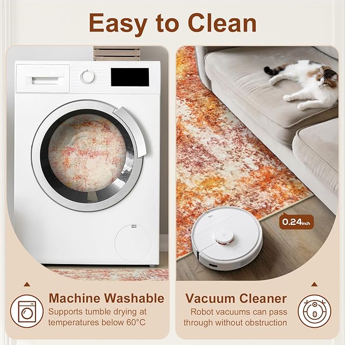 Area Rug Living Room Rugs - 8x10 Washable Modern Neutral Abstract Rugs Soft Low Pile No Slip Stain Resistant Rug Indoor Large Carpet for Bedroom Dining Room Nursery Room Home - Pink/Orange