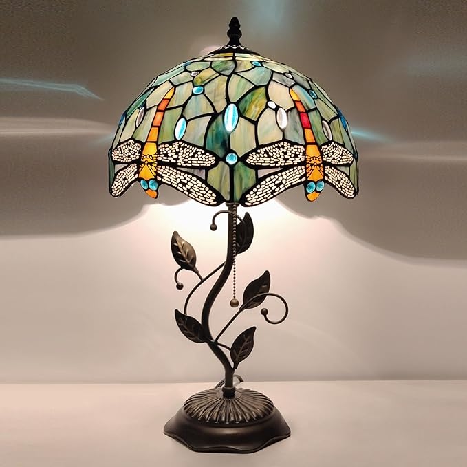Tiffany Table Lamp, Stained Glass Style Desk Lamp, 12X12X19 Inch,Bedside Reading Light, Metal Leaf Base (Brown Dragonfly Style)