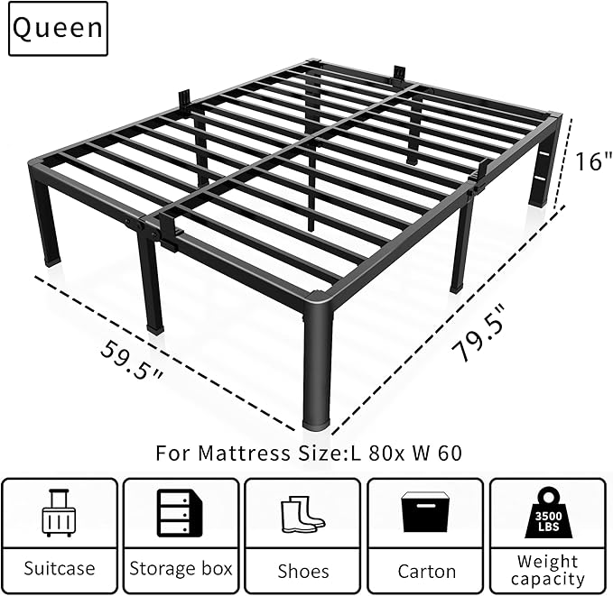 ROIL 16 Inch Queen Bed Frame with Rounded Corner and Headboard Hole Mattress Retainers 3500LBS Metal Heavy Duty Steel Slats No Box Spring Needed Platform Noise-Free Easy Assembly