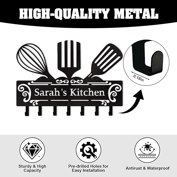 Personalized Metal Key Holder Wall Mount, Custom Kitchen Theme Key Hanger Organizer, Kitchen Hooks for Utensils, Home Decor for Dining Room Restaurant Entryway Office, Housewarming Gifts Color08