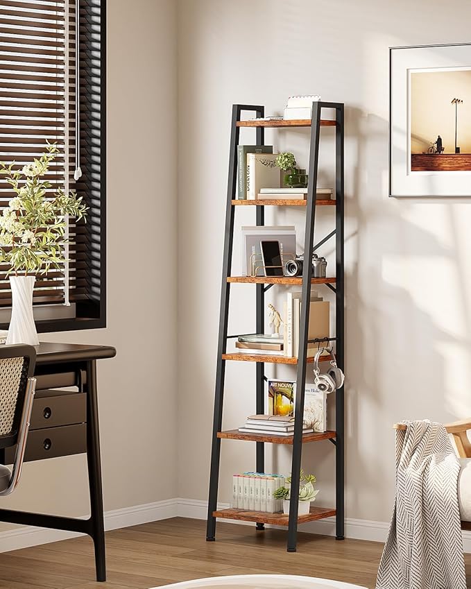 Furologee 6 Tier Ladder Shelf Bookcase, Tall Ladder Bookshelf Narrow with 2 Hooks, Industrial Metal Wooden Shelf Free Standing, Skinny Bathroom Shelves for Bedroom Living Room Kitchen, Rustic Brown