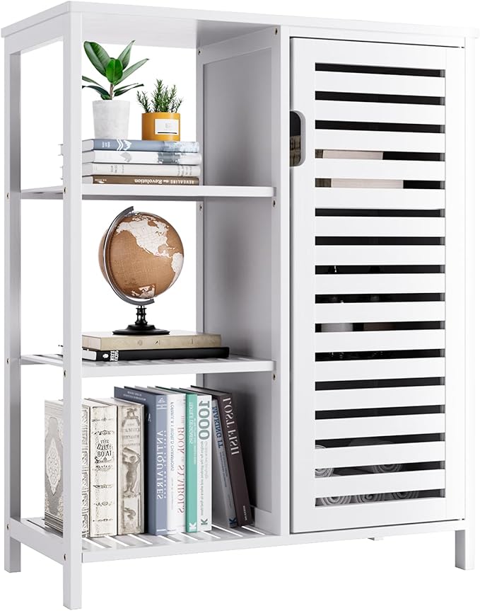HITNET Bathroom Cabinet Freestanding, Bamboo Floor Cabinet, Side Storage Organizer with Door and 3 Shelves, Living Room Kitchen Cupboard, White
