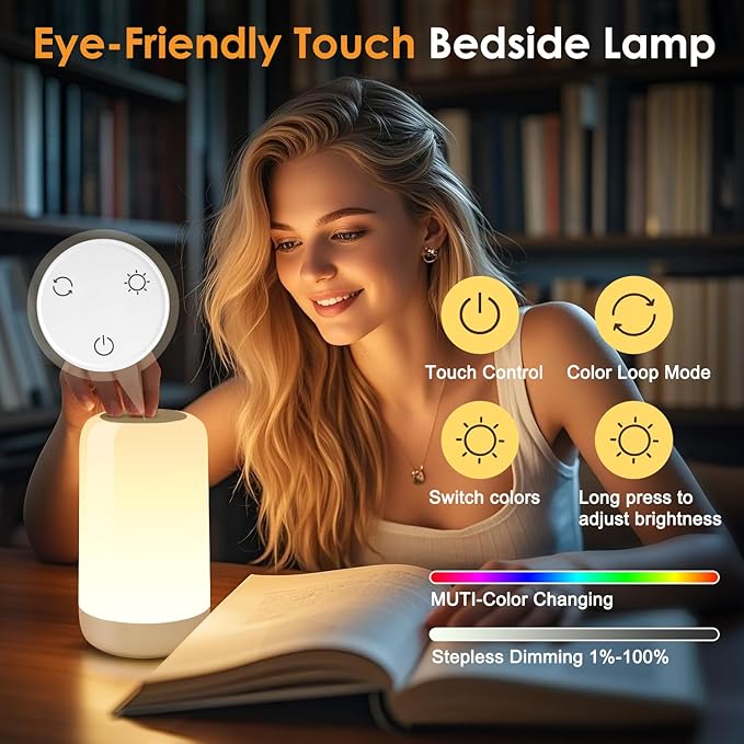 COOLNIGHT Touch Lamps for Nightstand Lamp, 16 Colors Mood Lighting Battery Powered Lamp,Dimmable Night Light for Kids,1800mah Rechargeable Lamps for Bedroom, Cordless Battery Mini Portable