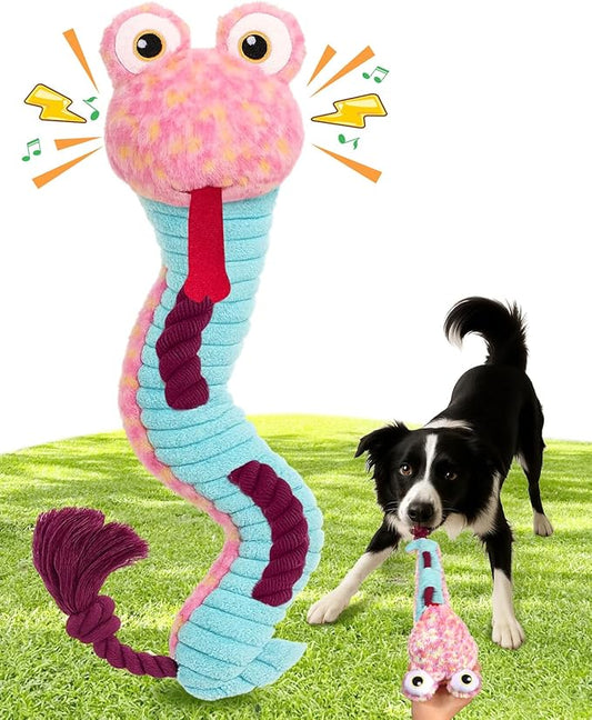 Swooflia Dog Rope Toy - Interactive Cute Snake Squeaky Plush Toys Stuffless, Teeth Cleaning for Small Medium Large and Boredom Dogs, Outdoor Durable Puppy Tug of War Chew Toy