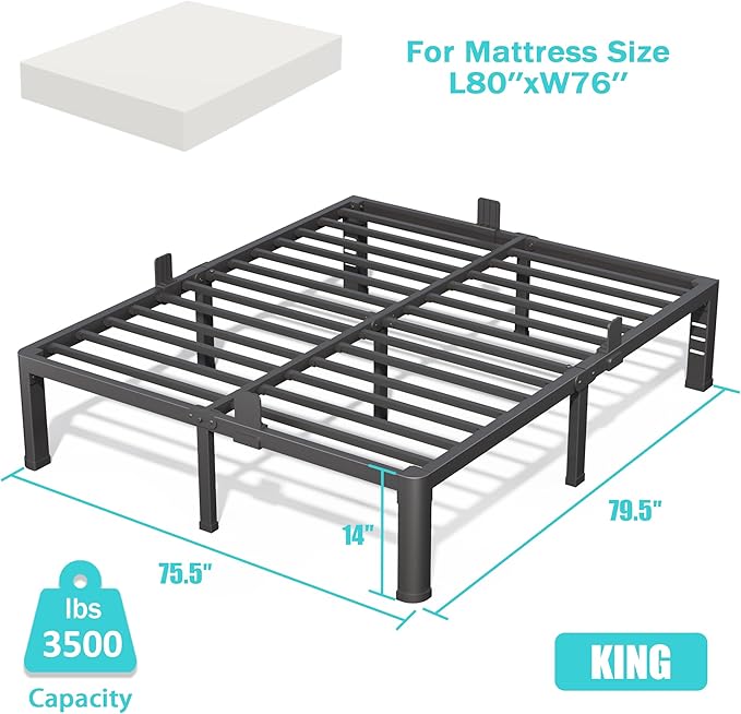 14 Inch King Bed Frame with Rounded Corner and Headboard Hole Mattress Retainers 3500 lbs Heavy Duty Support Metal Platform Bed Frame Noise Free No Box Spring Needed Easy Assembly