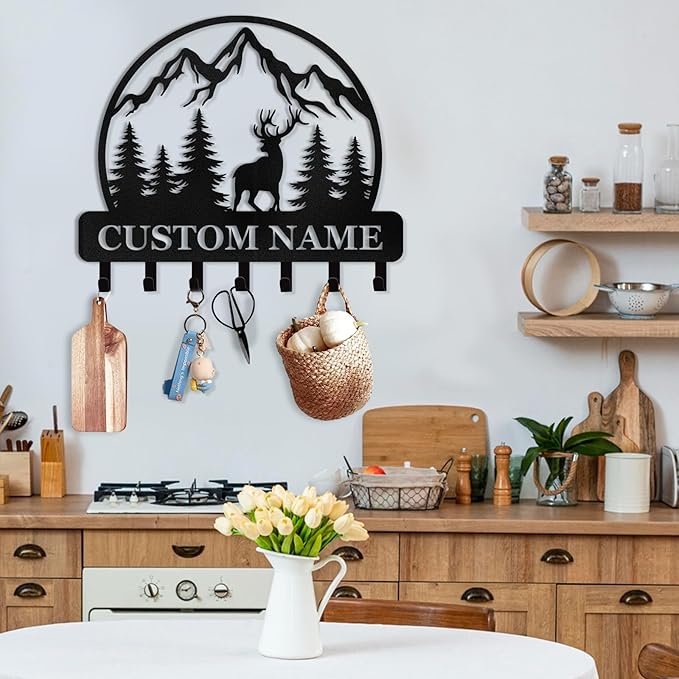 Personalized Key Holder for Wall - Custom Forest Deer Key Rack Hanger with Hooks, Key Holder Wall Mount, Woodland Theme Wall Art Decor Gift, Key Rack Storage for Kitchen, Living Room