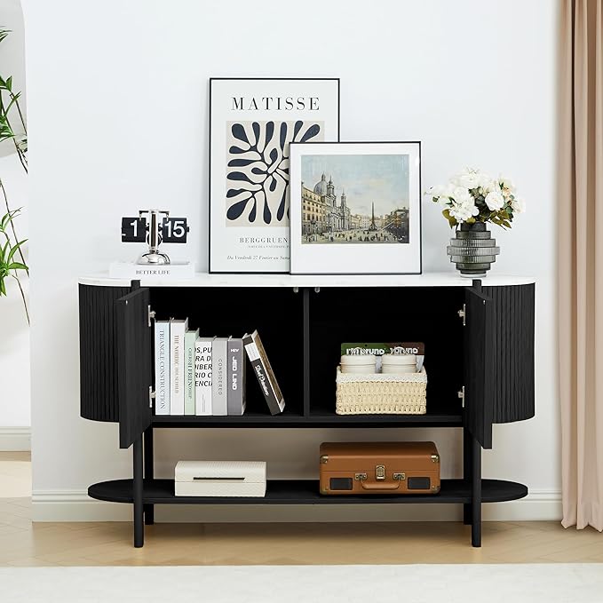 Console Table with Storage, Fluted Entryway Table with 2 Doors and Open Shelf, Long Sofa Table Behind Couch for Living Room, Hallway (Black)