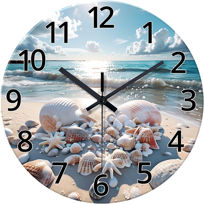 XNM 24 Inch Blue Sea Shell Office Wall Clock Modern Glass Large Wall Clocks Battery Operated Nautical Silent Clock for Wall