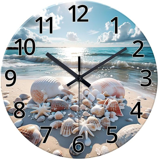 XNM 24 Inch Blue Sea Shell Office Wall Clock Modern Glass Large Wall Clocks Battery Operated Nautical Silent Clock for Wall