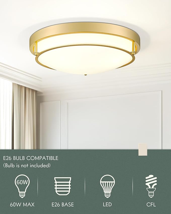 16" Flush Mount Ceiling Light, Farmhouse Style, Frosted Glass Shade,Brass Gold, for Living Room, Bedroom, Dining – CKCL4822-3W-BB