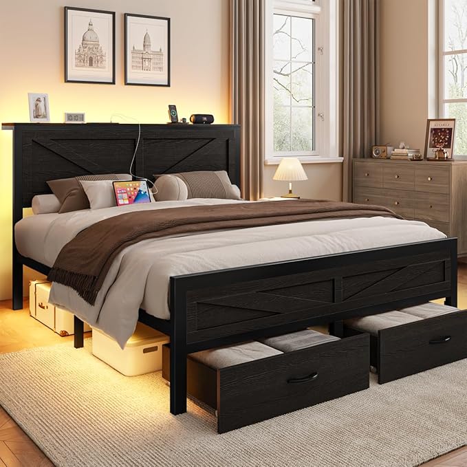 Rustic Full Size Bed Frame with Storage Drawers and Barn Door Headboard, Farmhouse LED Bed Frame Full with Charging Station, Metal Industrial Platform Bed Frames, No Box Spring Needed, Black