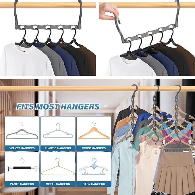 24 Pack Hangers Space Saving Magic Plastic Hanger Organizer Shirt Space Saving Hangers, Multi Clothes Hangers Space Saver for Closet Organizers Storage College Dorm Room Essentials, Grey