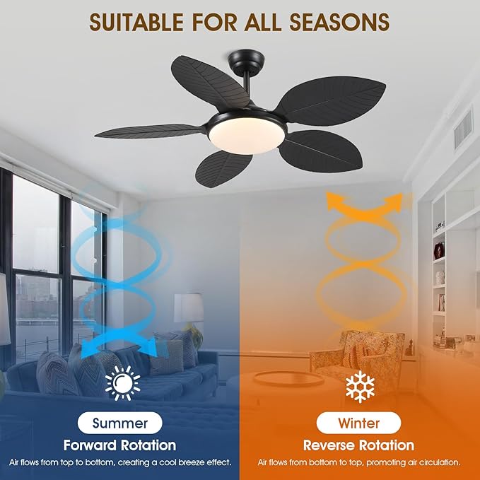 Ceiling Fans with Lights and Remote/APP Control, 48 Inch Tropical Ceiling Fan for Bedroom Living Room, Outdoor Palm Leaf Ceiling Fan for Patios Porch, Dimmable, 6 Speeds, Reversible, Black