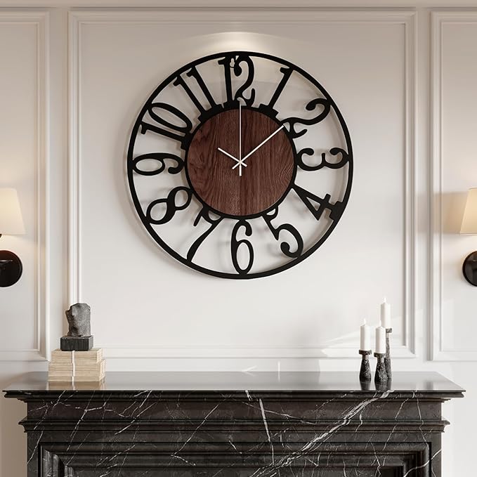 30" Extra Large Wall Clock, Modern Battery Operated Silent Non Ticking 30 inch Decorative Wood Metal Wall Clock, Black Round Big Clocks for Living Room, Bedroom, Kitchen, Office Decor-Arabic Numerals