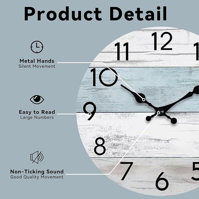 Wall Clock Silent Non-Ticking Wooden Clocks Battery Operated 10 Inch Small Country Retro Rustic and Beach Style Decorative for Living Room, Kitchen, Home,Bathroom, Bedroom (Blue)