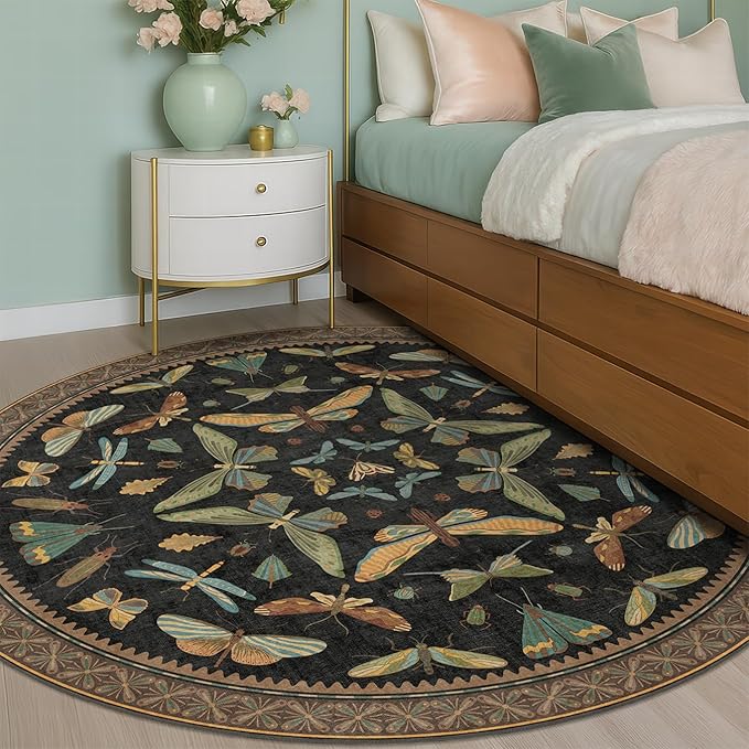 Washable Black 6ft Round Area Rugs for Bedroom Beside Bed - Dark Unique Insect Print Circle Rug for Living Room, Dining Room, Vintage Nature Insect Design, Low Pile & Soft