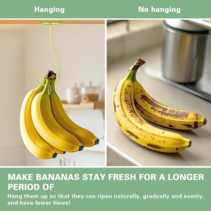 Banana Hanger Hook – Space Saving Banana Holder Hanger to Keep Bananas Fresh, Self Adhesive and Screw Banana Hook 1Pack Gold