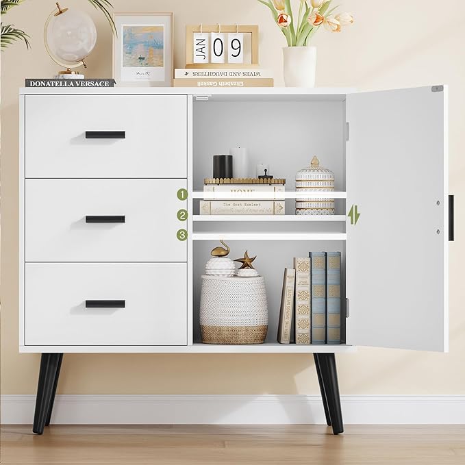 Iwell Storage Cabinet with 3 Drawers, Sideboard Buffet Cabinet with Adjustable Shelf, Freestanding Floor Storage Unit for Living Room, Entryway, Home Office, White