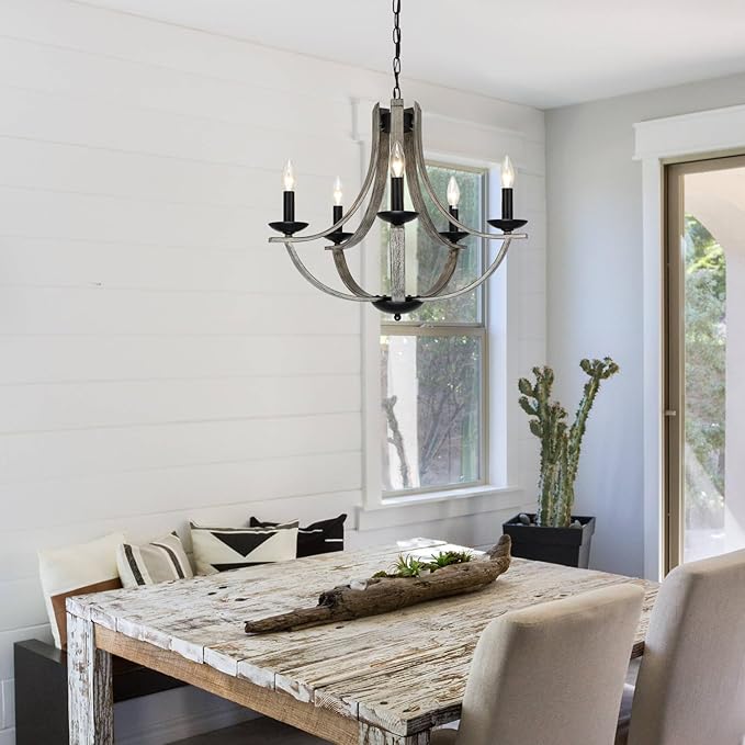 Farmhouse Chandeliers for Dining Room Light Fixture, 5-Light 24 inch Faux Wood Texture Hanging Lighting Fixtures,Rustic Candle Chandeliers for Living Room Kitchen Island Foyer Entryway