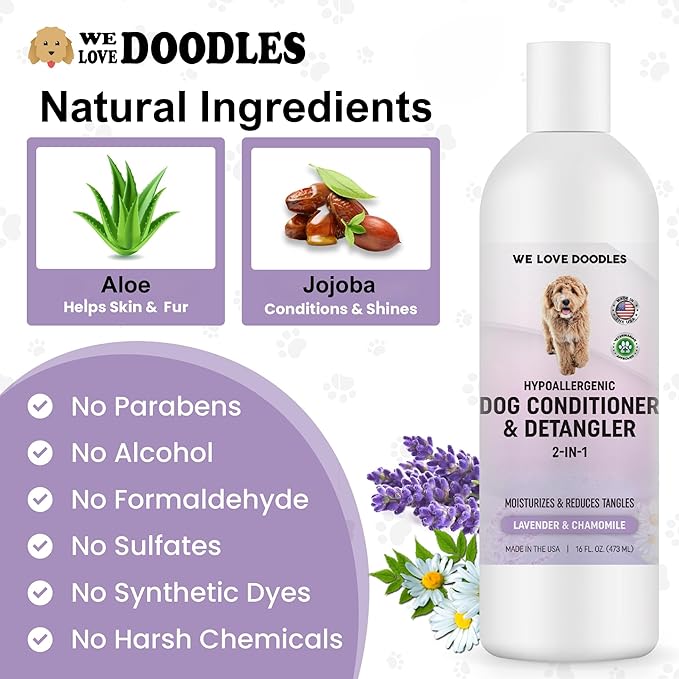 Dog Conditioner & Detangler, 2-in-1 Conditioner for Allergies & Itching, Made in USA, Lotion Treatment for Dogs, Perfect for Poodles, Doodles, & Goldendoodles, 16oz [We Love Doodles]